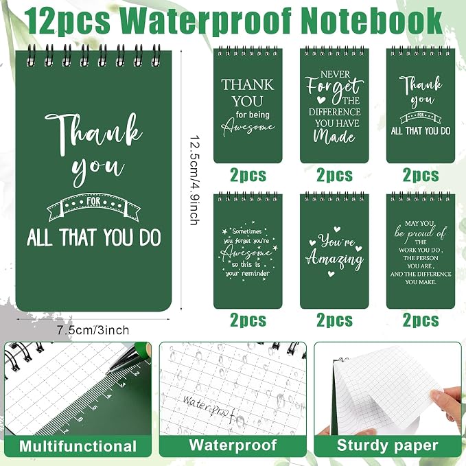 24 Pcs Thank You Waterproof Notebook Pen Set Inspirational Spiral Weatherproof Notepad with Motivational Pens All Weather Pocket Notepads Employee Appreciation Gifts Bulk for Teacher Coworkers Staff