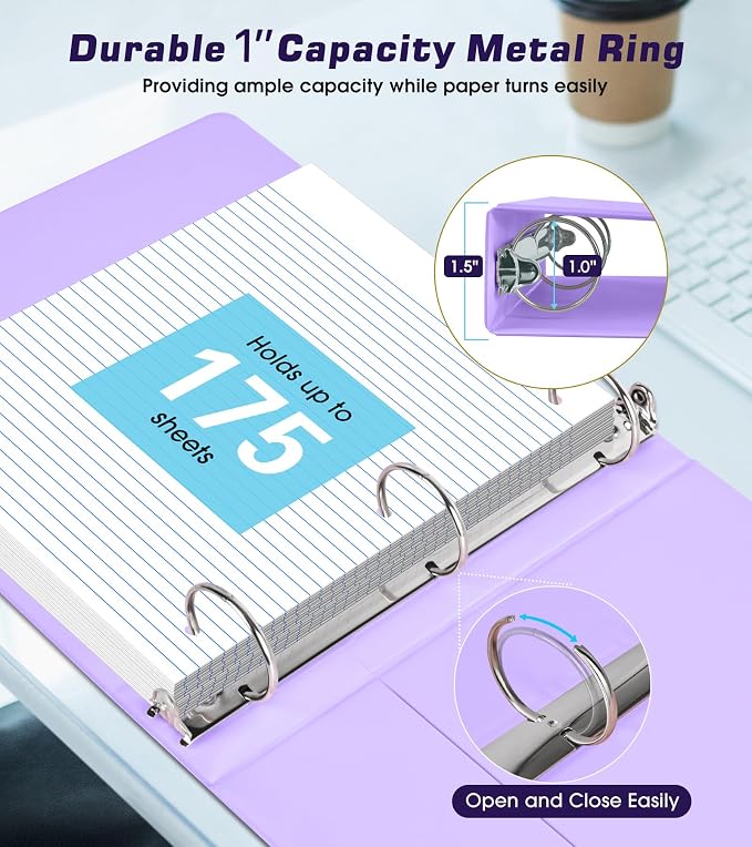 3 Ring Binder 1 inch，Cute Binder Organizer with 5 Tab Dividers Fits 175 Sheets of 8.5x11 Paper, Customizable Clear Cover with Inside Pockets, Aesthetic 1" Three Ring Binders for School Office，Purple