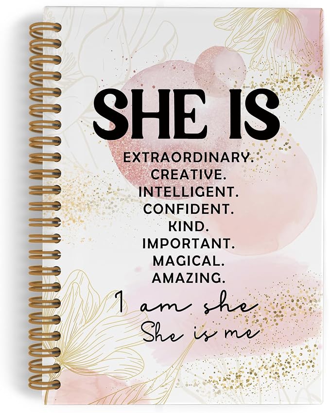 Pink She Is Inspirational Spiral Notebook, Positive Affirmations Journal Notebook, Self Care Pink Abstract Notebooks for School Work, Motivational Office Supplies Gifts for Women, 5.5x8.3 Ines