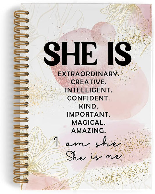 Pink She Is Inspirational Spiral Notebook, Positive Affirmations Journal Notebook, Self Care Pink Abstract Notebooks for School Work, Motivational Office Supplies Gifts for Women, 5.5x8.3 Ines