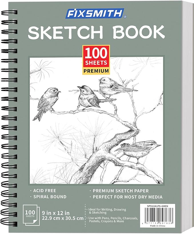 FIXSMITH 9"X12" Green Sketch Book, 100 Sheets (68 lb/100gsm) Spiral Sketchbook, Acid Free Drawing Paper, Sketch Pad for Beginners,Artists & Professionals, Bright White