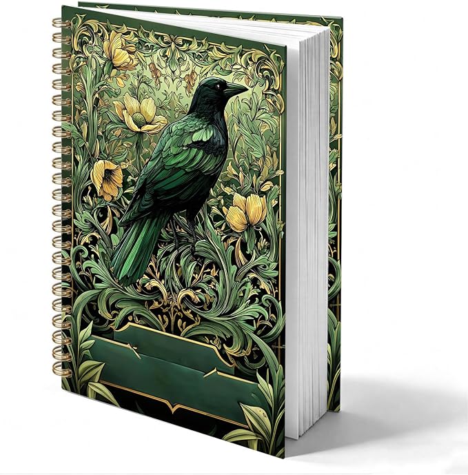 HOXUNQINA Art Nouveau Green Raven Journal Notebook 5.5x8.3 | William Morris Inspired Vintage Floral Crow Journal, Witchy Gothic Raven Botanical Notebooks for Work