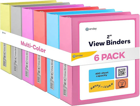 Enday 2 inch 3 Ring Binder (6 Pack - Assorted Colors) Binder 2 inch with Clear View Cover and 2 Inside Pocket - for Letter Size 8.5 x 11'' Paper, Ideal for School Supplies, Office, and Home