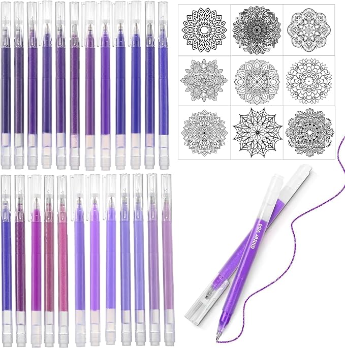 Purple Gel Pens Set,24 Colored Gel Pens Glitter Metallic Pastel Morandi Neon Color Gel Pen More Ink Colored Gel Pens for Adults Coloring Books Drawing, Doodling, Scrapbook, Journaling