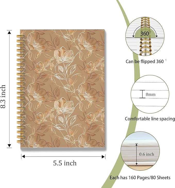 Boho Abstract Floral Spiral Notebook, Gold Brown Luxury Botanical Journal, Neoclassical Modern Hand-drawn Flower Hardcover Notebook Journal, 5.5x8.3 Inch