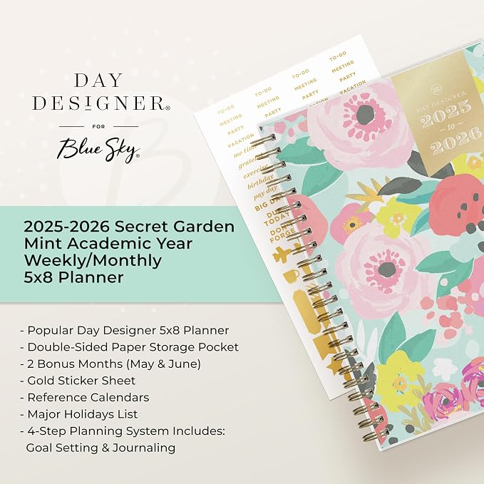 Blue Sky 2025-2026 Weekly & Monthly Academic Planner, 5"x8" | July 2025 - June 2026, Secret Garden Mint, Flexible Cover, Tabs, Storage Pocket, Stickers, Academic Year, Day Designer