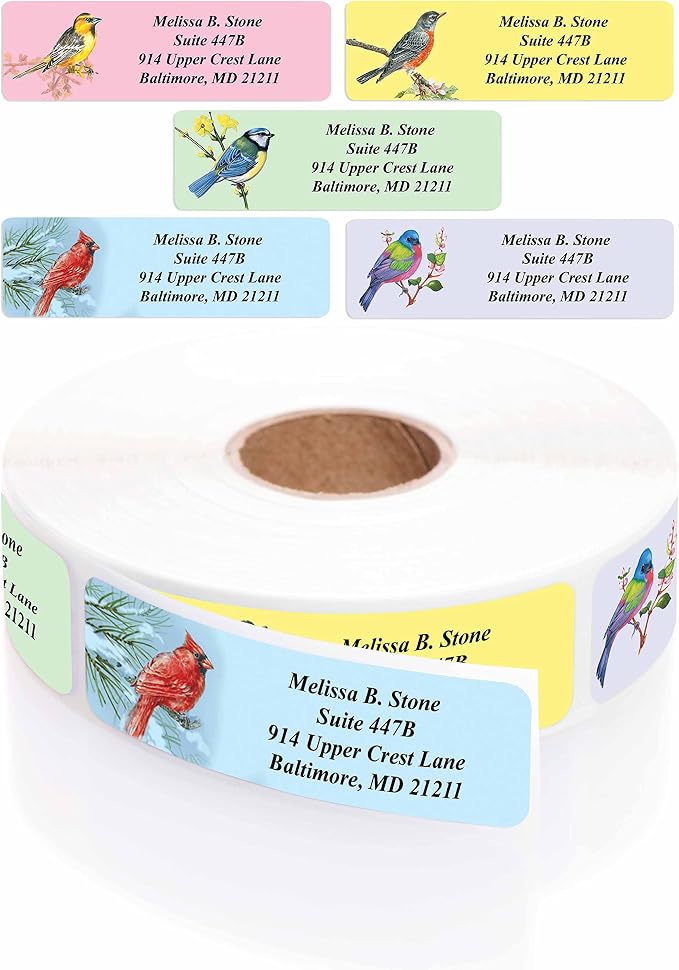 Birds Designer Assorted Rolled Address Labels with Elegant Plastic Dispenser