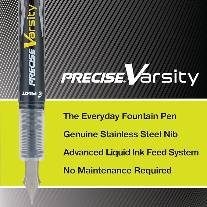 Pilot Precise Varsity Pre-Filled Fountain Pens for Writing, Medium Point Stainless Steel Nib, Black/Blue/Purple Ink, 1.0mm, 3-Pack