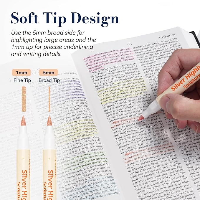 Silver Glitter Highlighter for Bible No Bleed,12Pcs Light Pastel | No Bleed Through Thin Pages, Soft Brush Tip, Lightweight for Long Study Sessions