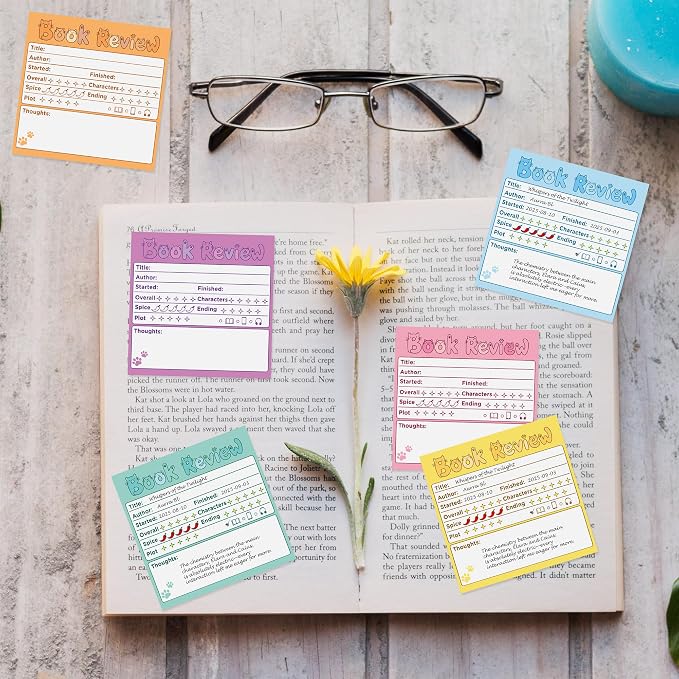 L1rabe Book Review Mini Sticky Notes - 6PCS Colorful Cat Self-Stick Notepad | Back to School Memo Pads for Students, Kitten Reading Tracker Log Stickers, Book Lovers Readers Bookworm Supplies, 300 Sheets