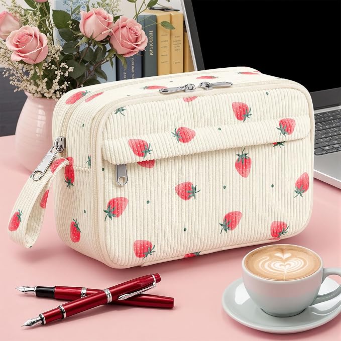 WOBAGMEN Cute Pencil Case,Large Corduroy Zippered Pencil Case Pouch, aesthetic Pencil Bag with Compartments, Pencil Pouch School Supplies (Tiny Strawberry)
