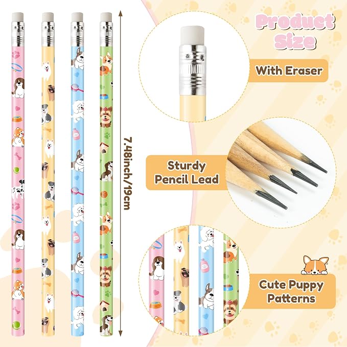 Xqumoi 60Pcs Dog Pencils with Eraser - Cute Puppy Paw #2 HB Pencils, School Classroom Student Rewards Office Supply Pet Lovers Gift Goodie Bag Fillers Stuffers Birthday Party Favors
