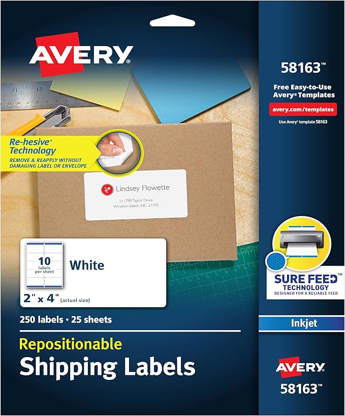 Avery Repositionable Printable Shipping Labels with Sure Feed, 2" x 4", White, 250 Blank Mailing Labels (58163)