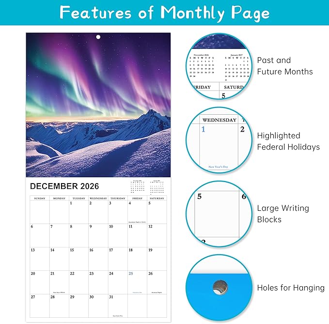 2026-2027 Calendar - 18-Month Wall Calendar 2026-2027 from Jul. 2026 - Dec. 2027, Wall Calendar 12" x 24"(open), Calendars with Unruled Blocks, Holidays, Thick Paper for Organizing & Planning - Northern Lights