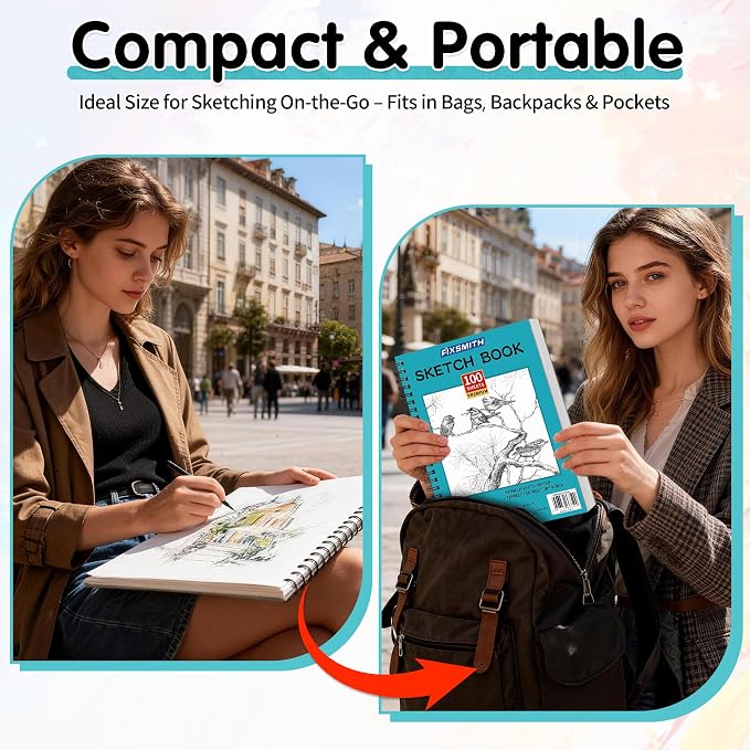 FIXSMITH 9"X12" Teal Sketch Book, 100 Sheets (68 lb/100gsm) Spiral Sketchbook, Acid Free Drawing Paper, Sketch Pad for Beginners,Artists & Professionals, Bright White
