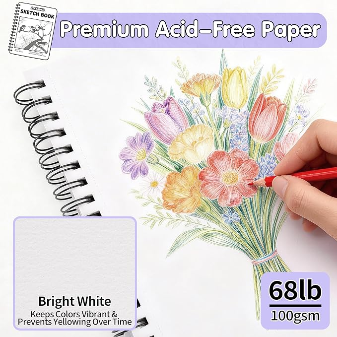 FIXSMITH 9"X12" Purple Sketch Book, 400 Sheets (68 lb/100gsm) Spiral Sketchbook, Acid Free Drawing Paper, Sketch Pad for Beginners,Artists & Professionals, Bright White