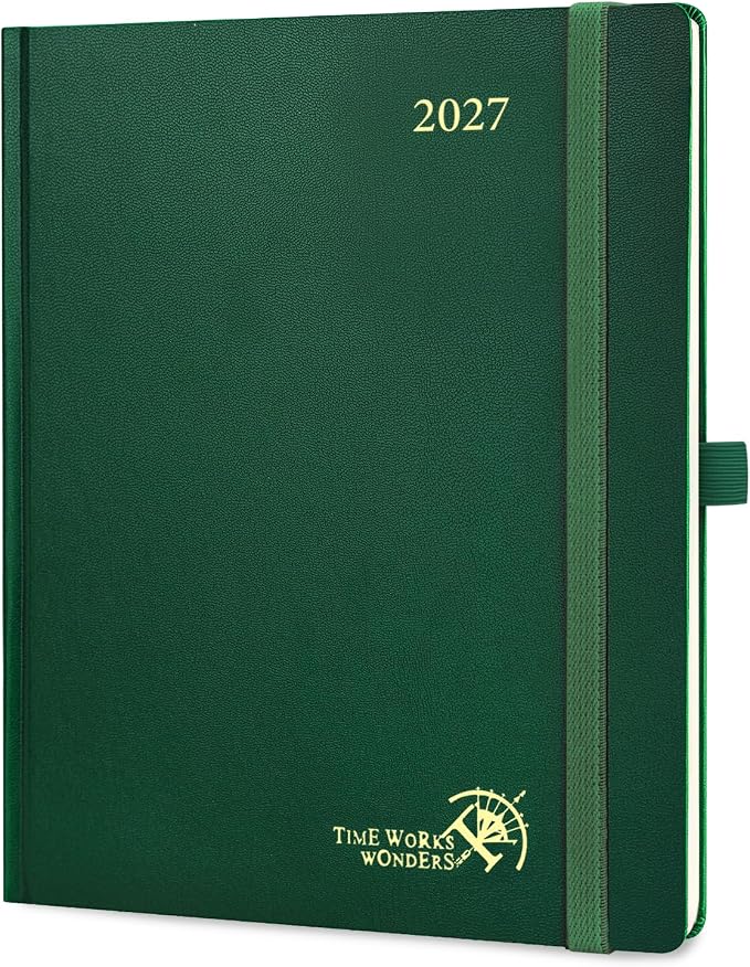 POPRUN 2027 Planner Weekly and Monthly, Large 8.5" x 10.5" Calendar, Jan 2027- Dec 2027 Agenda, Daily Appointment Book with Hourly Time Slots, Monthly Tabs, Hardcover, 100 GSM - Dark Green