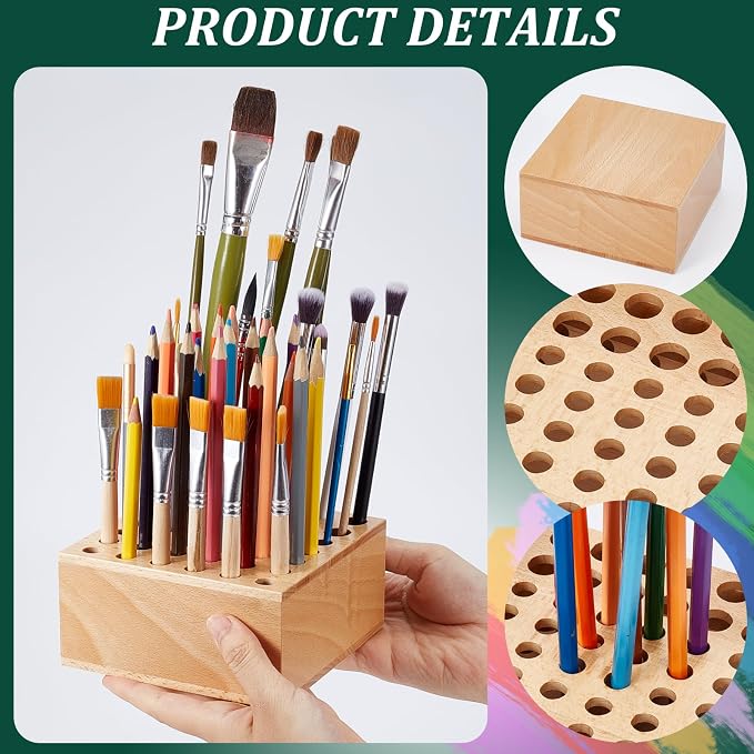 Beechwood Paint Brush Holder 42 Holes Paint Brush Storage Organizer Paintbrush Holder Organizer Wooden Block Pencil Holder for Makeup Brushes Pens and Art Tools