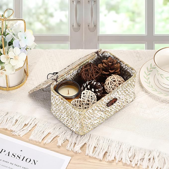 Handwoven Seagrass Basket Wicker Shelf Basket with Lid Rectangular Multipurpose Desktop Organizer Bin for Key Remote Control,Whitewash,7.0"x 4.3" x 3.3"