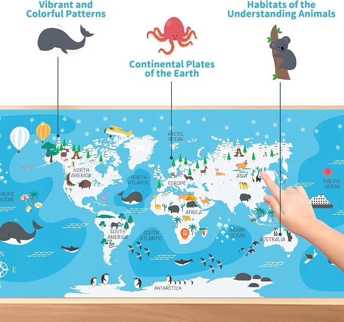 Kids World Map Desk Mat PU Leather Study Pad, 31.5"x15.7" | Non-Slip Waterproof Desk Pad for Boys & Girls, Learning Geography Study Mat, School Desk Protector, Gift for Children