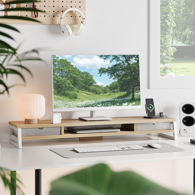 Fenge Dual Monitor Stand Riser, 42.5in Desk Shelf with 2 Drawers, Oak | 2-Tier Monitor Shelf for Desk, Storage Drawer with Stopper, Frosted, fit Home Office, Ultrawide Screen, PC, Laptop, TV