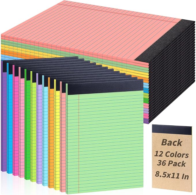 Oleitodh 36 Pack Legal Pads 8.5 x 11 Wide Ruled Colored Note Pads | 30 Sheets Per Pad, Micro-Perforated, 80 GSM Paper, Smooth Writing, School, Office, Home, Meetings, Note Taking