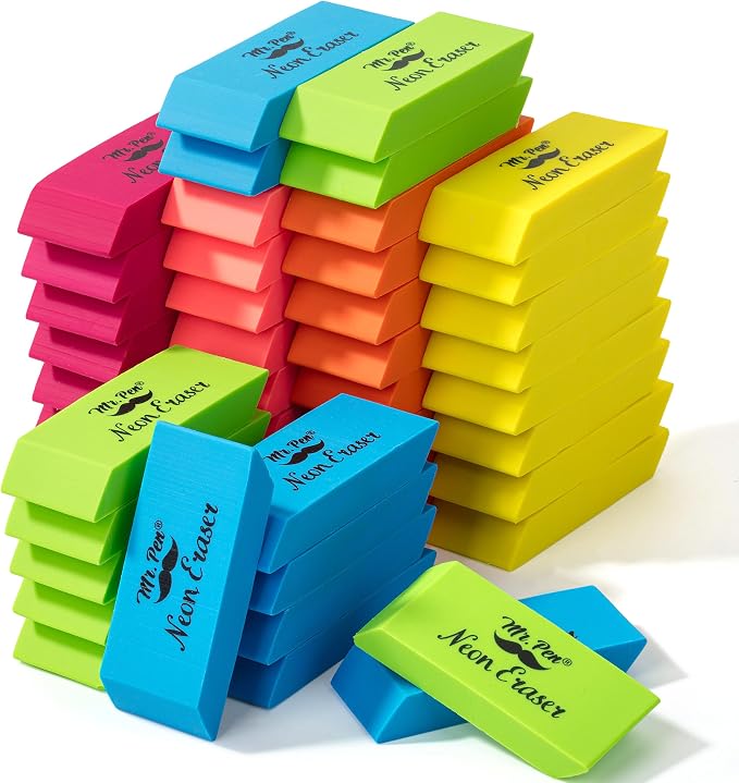 Mr. Pen- Pencil Eraser, 48 Pack, Neon Colors | Large Latex Free Block Erasers Bulk for School, Office, Art Sketching, Homework, Exams, Clean Smudge-Free Correction