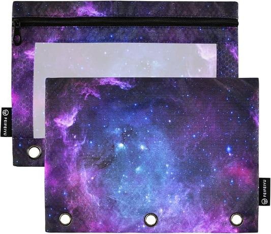 Starry Galaxy Pencil Pouch Fits Standard 3-Ring Binders, Zipper Binder Pencil Bag with Clear Window for Class Office 2 Pack