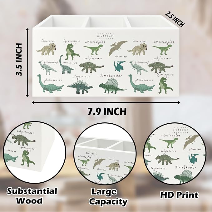 Dinosaur Pen Pencil Holder Organizer for Desk, Dino Type Educational Chart Wooden Box Signs Decorations for Kids Boys Room Bedroom Classroom Desk Tabletop, Dinosaur Gifts for Kids Boys