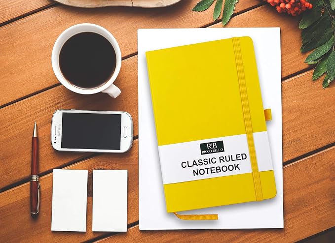 RICCO BELLO Lined Journal Notebook, Faux Leather Hardcover, Yellow | Pen Holder, College Ruled, 96 Sheets / 192 Pages, 5.7 x 8.4 Inches, For Work & Notes