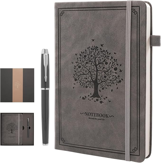 Lined Notebook with Gift Box for Women Men 320 Pages A5 Hardcover Leather with Pen Holder College Ruled Journals for Work Note Taking Travel School Gray