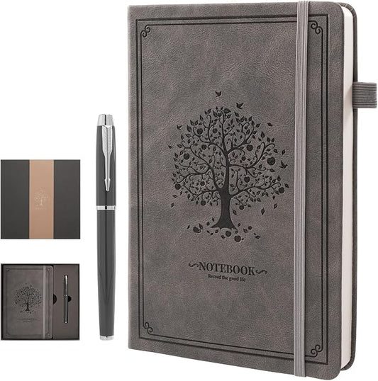 Lined Notebook with Gift Box for Women Men 320 Pages A5 Hardcover Leather with Pen Holder College Ruled Journals for Work Note Taking Travel School Gray