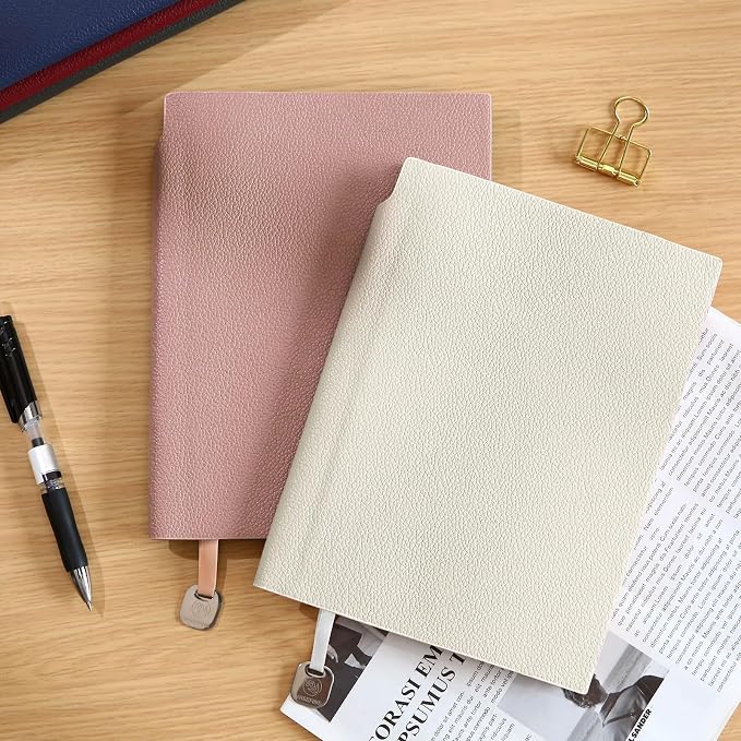 Wisefine Lined Journal Notebook for Women A5 Softcover PU Leather Journals for Writing 160 Pages Daily Journaling Ruled Notebooks for Work Note Taking 6.38'' X 8.28'' (3pack-Pink/Navy Blue/Black)