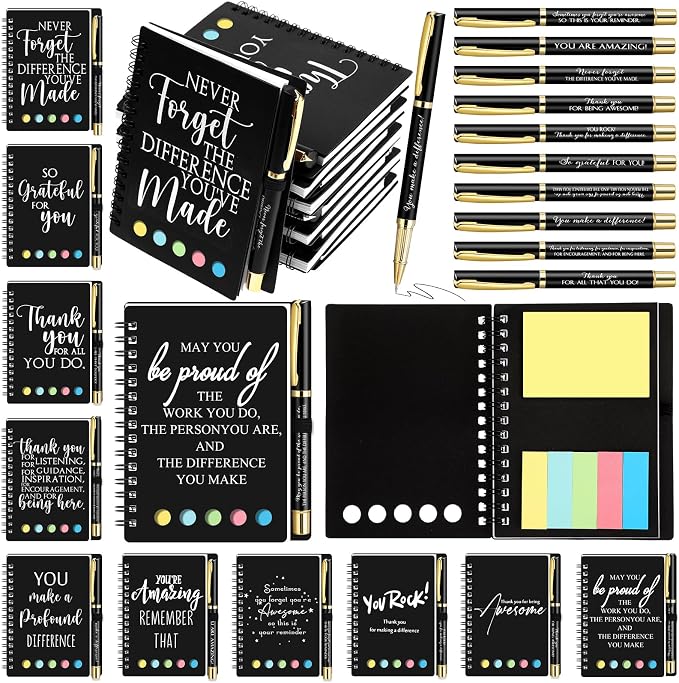 Chiisong 30 Sets Back to School Gifts Bulk Inspirational Spiral Notebook and Pen with Sticky Note Thank You Affirmation Gift for Teacher Nurse Coworker Employee Staff (Classic Black)