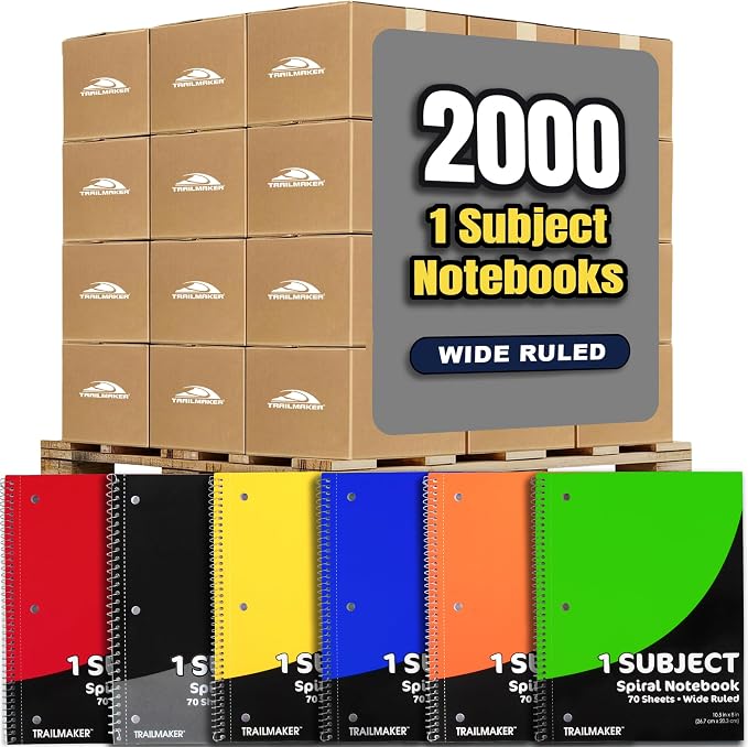 Trail maker Bulk Notebooks (2000 Pack), One Subject Notebooks Wide Ruled, 140 Pages (70 Sheets),Spiral Bulk Notebooks for Kids, School Supplies, Journaling, Note Taking, Students, and Work