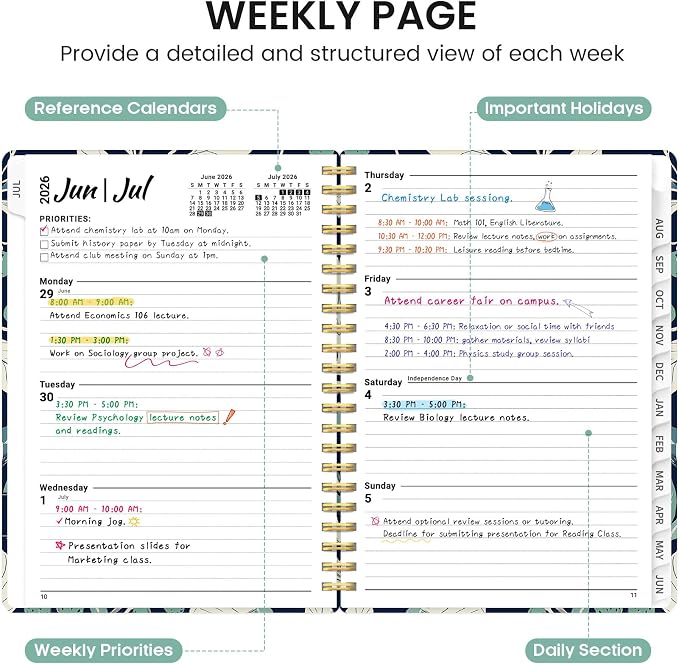 Planner 2026-2027, Academic Monthly and Weekly Calendar Planner for Women, July 2026 - June 2027, Hardcover Pretty Agenda Planner Book with Tabs, Spiral Daily Organizer for School Office Home Supplies, 6.3" x 8.5" - Botanic Berry