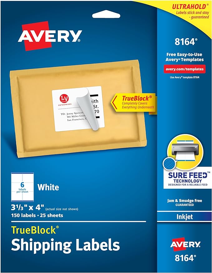 Avery Printable Shipping Labels with Sure Feed, 3-1/3" x 4", White, 150 Blank Mailing Labels (8164)