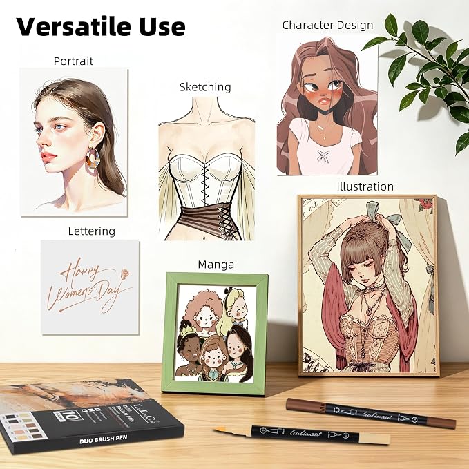 LIULIUCAI 10 Skin Tone Dual Tip Marker Pens, Fine Tip & Brush Tip Marker for Adult Coloring Book No Bleeding, Natural Skin Tone Markers for Realistic Portraits, Character Design, Sketching, Outlining