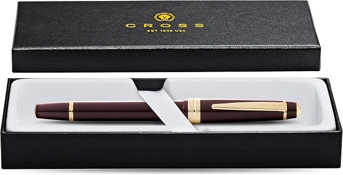 Cross Bailey Light Polished Burgundy Resin and Gold Tone Fine Nib Fountain Pen - Professional Pen for Effortless Writing - Journaling, Note-Taking & More - Black Ink - Easy Handling