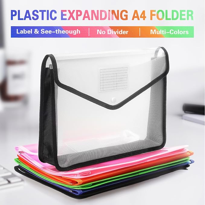 Tamaki Plastic Expanding File Folder, Fit Letter/A4 Size, Black, 1 Pack | Transparent envelopes with Snap Closure, No Dividers, Large Capacity