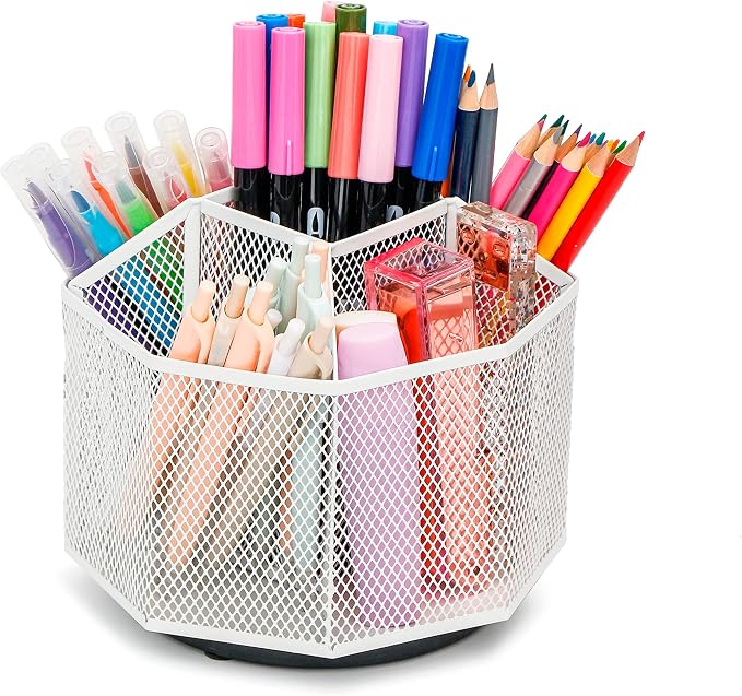 Exerz Desk Organizer 360 Rotating Pen Holder 5 Compartments Caddy White | Smooth Spinning Base with Open Mesh Sections Easy Access to Pens Brushes Scissors Daily Desk Tools