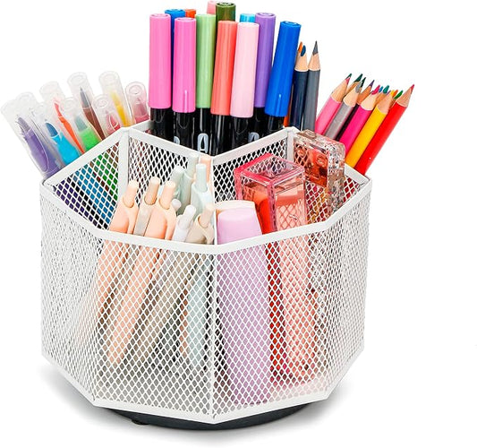 Exerz Desk Organizer 360 Rotating Pen Holder 5 Compartments Caddy White | Smooth Spinning Base with Open Mesh Sections Easy Access to Pens Brushes Scissors Daily Desk Tools