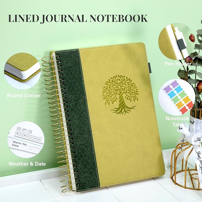 Spiral Notebook Wide Ruled Leather Journal for Women, 300 Pages, 7X10,Green | Large Notebooks for School Office, Note Taking Notebooks for Writing Lined Notebook with Tabs Pockets Pen Holder