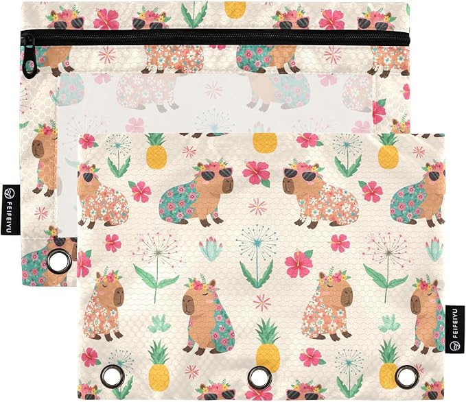 Emelivor Capybara Beach Beige Pencil Pouch for 3 Ring Binder 2 Pcs Pockets Pencil Pouches Bag with Clear Pencil Case Cosmetic Bag for Storing College Office Supplies