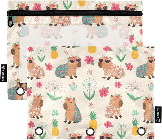 Emelivor Capybara Beach Beige Pencil Pouch for 3 Ring Binder 2 Pcs Pockets Pencil Pouches Bag with Clear Pencil Case Cosmetic Bag for Storing College Office Supplies