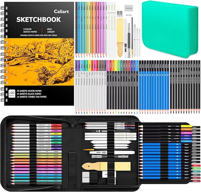 Caliart 176PCS Art Supplies Sketching Kit, 100 Sheets 3-Color Sketch Book | Graphite Colored Charcoal Watercolor & Metallic Pencils, Drawing Supplies Set Gifts for Artists Adults Teens Girls Boys Kids