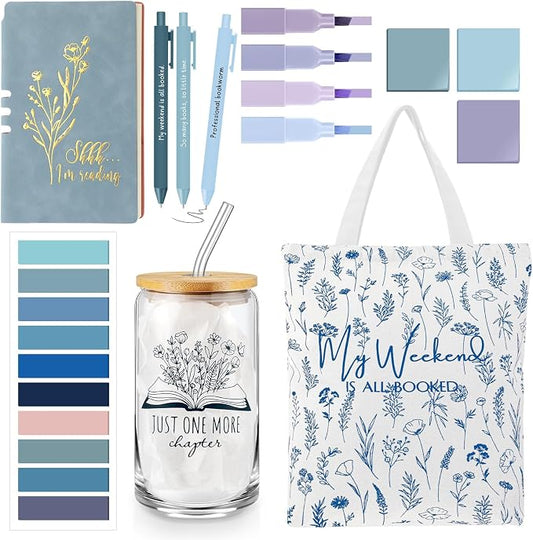 Havawish 14 Pcs Book Lovers Gift for Women 16 oz Glass Cup Tote Bag A6 Journal Notebook Pens Highlighters Sticky Notes Back to School Teacher Librarian Bookish Book Club(Blue,Aesthetic)