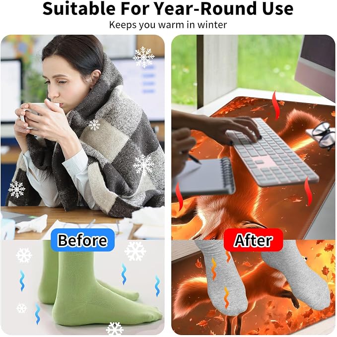 Heated Desk Pad Mouse Pad,Heated Desk Mat,with 3 Heating Levels & 3 Hours Auto Shut-Off,Leather 23.6"*14.2" Gaming Mouse Laptop Mat,Foot Warmer,Cute Red Fox Forest