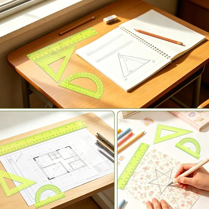 Plastic Clear Ruler Math Set - 6'' 12'' Transparent Straight Ruler, 4'' 6'' Protractor, 30/60 & 45/90 Triangle Ruler, Geometry Math Measuring Tool for School Home Office Drawing Teachers Kids Yellow