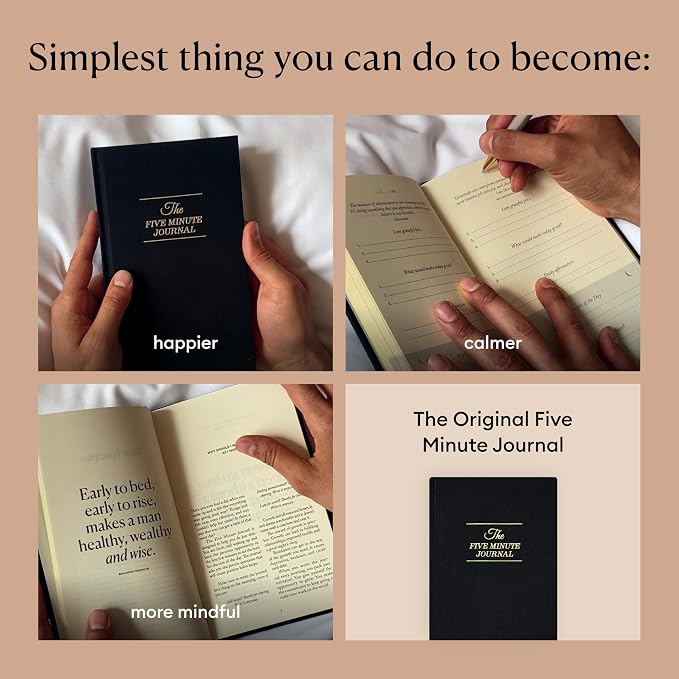 Intelligent Change The Five Minute Journal, Original Daily Gratitude Journal 2025, Reflection & Manifestation Journal for Mindfulness, Undated Daily Journal with Gold Foiling, Plastic-Free, Black
